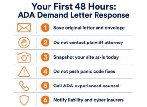 Vertical checklist infographic listing the six critical actions to take within 48 hours of receiving an ADA website demand letter