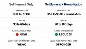 Side-by-side comparison chart weighing settlement-only versus settlement combined with WCAG remediation across cost, timeline, and long-term legal exposure