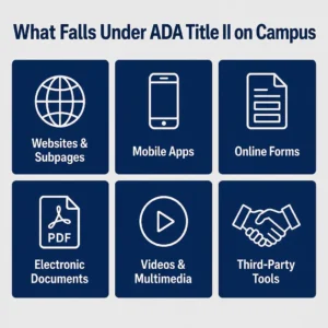 Grid graphic showing six categories of university digital content covered by ADA Title II including websites, mobile apps, LMS content, and PDFs