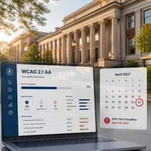 University campus building with a translucent overlay showing a laptop displaying WCAG 2.1 AA compliance dashboard and calendar marked April 2027