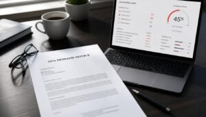 Business professional reviewing an ADA website demand letter beside a laptop displaying an accessibility audit report with error warnings