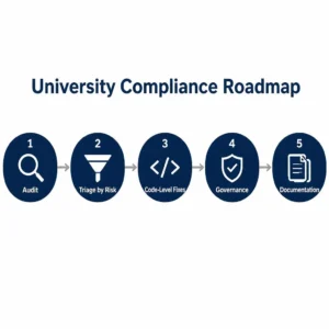 Five-step roadmap graphic showing audit, triage by risk, code-level fixes, governance, and documentation for university ADA compliance