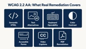 Grid infographic showing seven code-level WCAG 2.2 AA remediation requirements including semantic HTML, keyboard operability, color contrast, and PDF accessibility