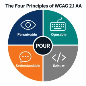 Four-quadrant diagram illustrating the POUR principles of WCAG 2.1 AA: Perceivable, Operable, Understandable, and Robust
