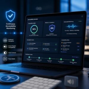 Dashboard showing accessibility compliance monitoring results for WCAG 2.2 AA