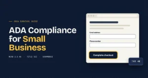 ADA compliance for small business 2026 guide cover with a checkout button showing a visible keyboard focus outline