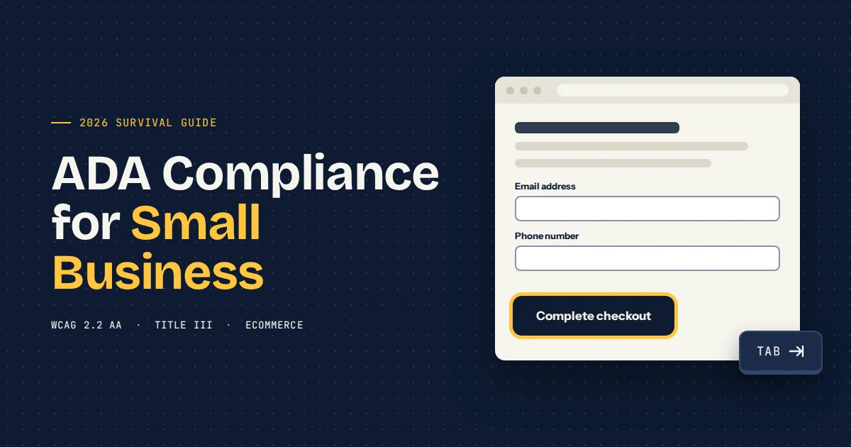 ADA compliance for small business 2026 guide cover with a checkout button showing a visible keyboard focus outline