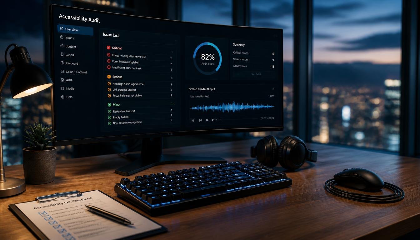 Section 508 checklist on a desk beside a laptop running keyboard-only accessibility testing
