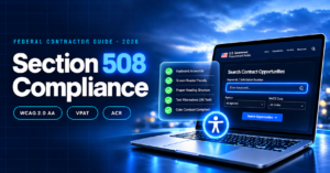 Section 508 compliance guide for federal contractors showing an accessible government web form and checklist