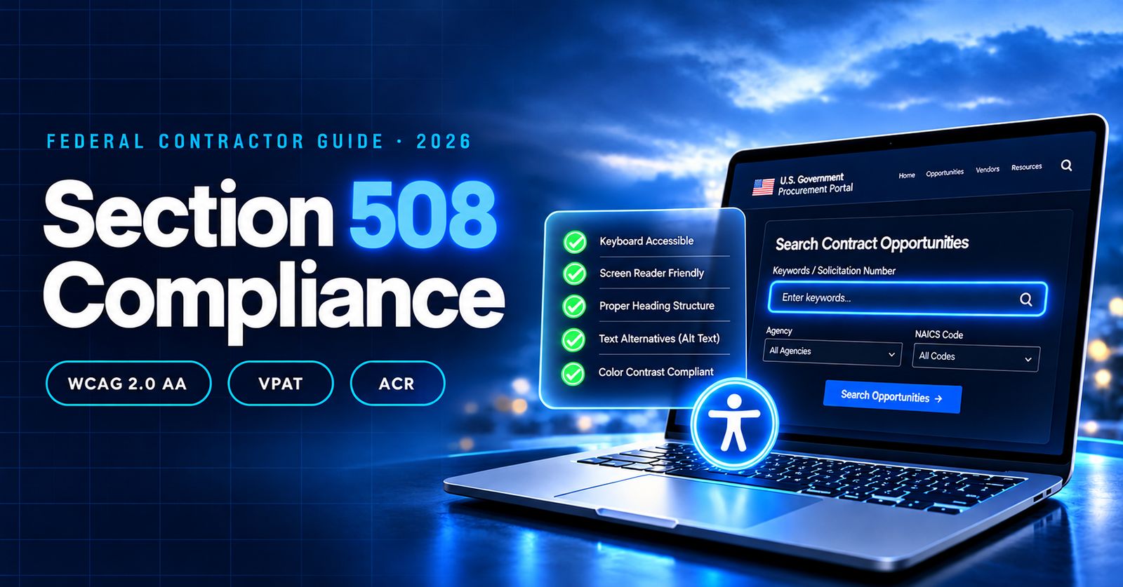 Section 508 compliance guide for federal contractors showing an accessible government web form and checklist