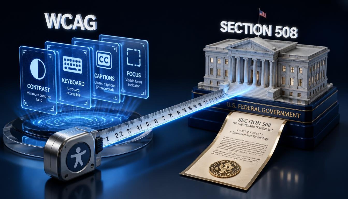 Illustration comparing WCAG as a technical standard with Section 508 as a federal legal requirement